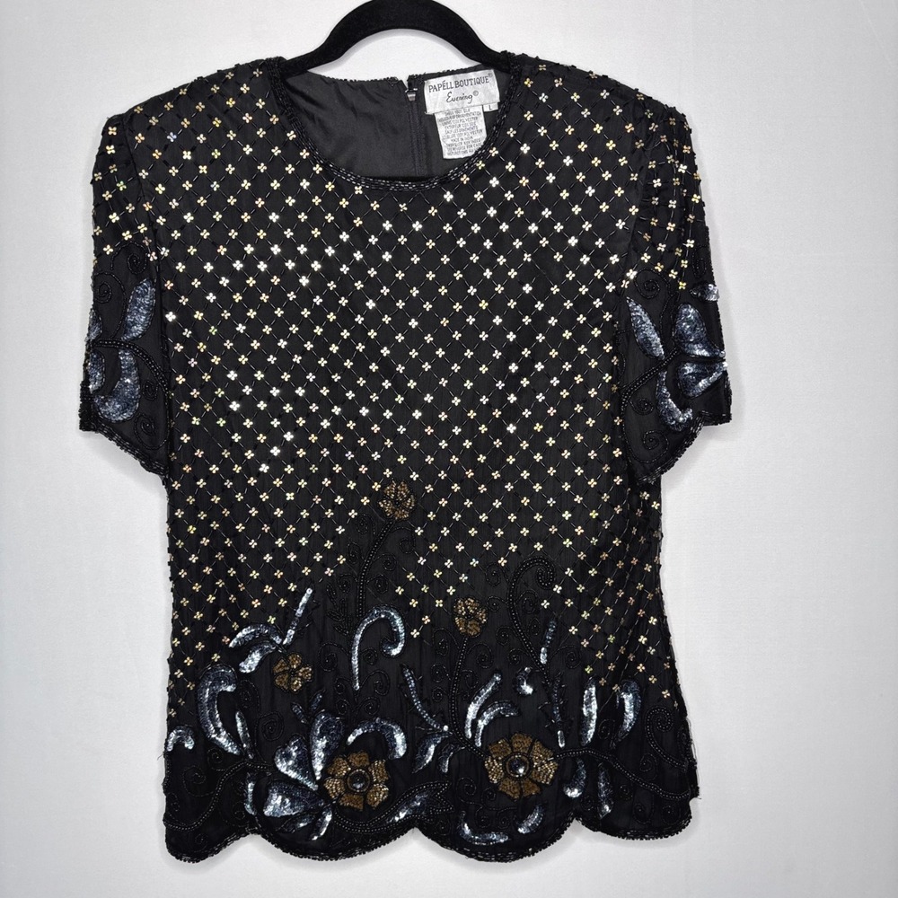 Vintage Papell Boutique Silk‎ Sequin Top Size L Black Gold Beaded Floral